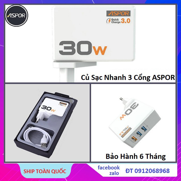Củ Sạc Nhanh, Phích Cắm Sạc 3 Cổng A858Q ASPOR 30W (sạc siêu nhanh với 3 cổng USB)