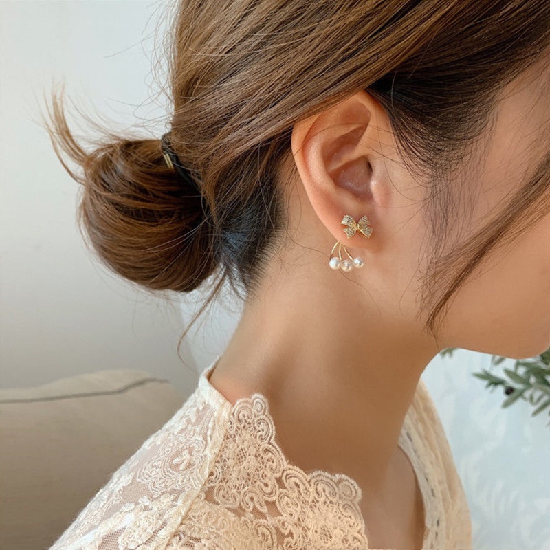 Bông Tai Hình Nơ Đính Ngọc Trai Lấp Lánh Phong Cách Hàn Quốc Cho Nữ