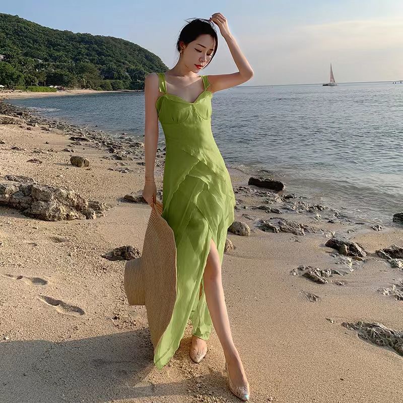 Đầm Hai Dây Cổ Chữ V Phối Bèo Xẻ Tà Thời Trang Cao Cấp Cho Nữ