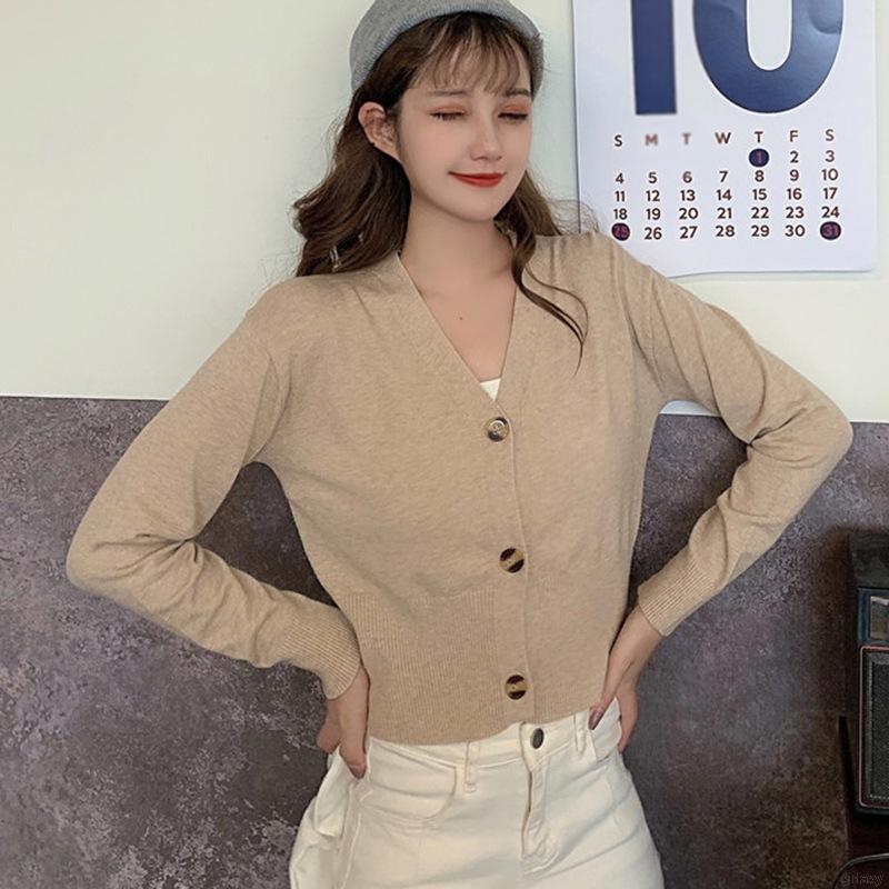 Áo Cardigan Dệt Kim Tay Dài Cổ Chữ V Màu Trơn Đơn Giản Phong Cách Hàn Quốc