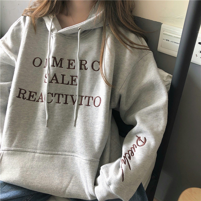 Áo hoodie SUXI dáng rộng thêu họa tiết chữ cái phong cách Hàn Quốc retro thời trang mới dành cho nữ