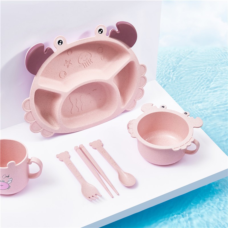 Khay Ăn Dặm 6 Món Hình Con Cua Hồng Cho Bé, Khay Ăn Dặm, Đũa, Thìa Cốc, Bát Tiện Lợi Cho Mẹ và Bé