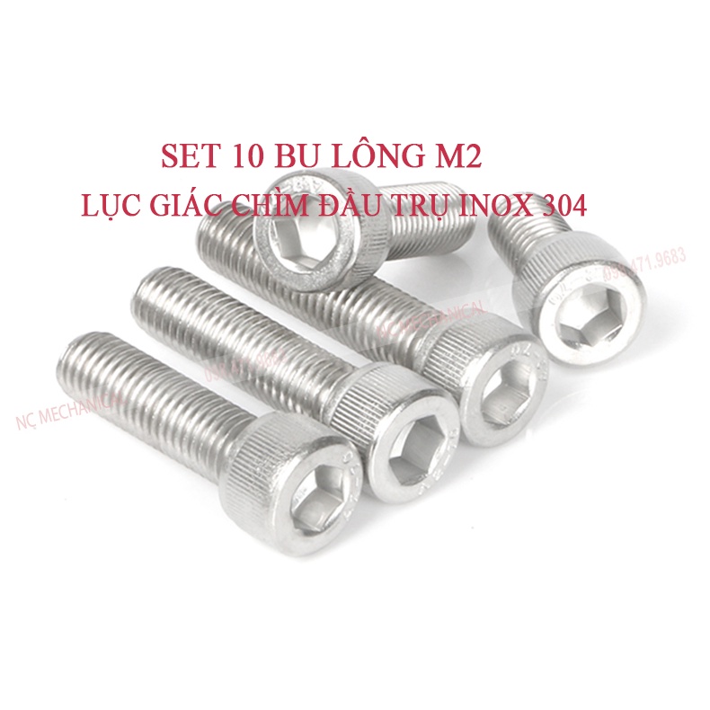 GIAO NHANH - SET 10 BU LÔNG M2 LỤC GIÁC CHÌM ĐẦU TRỤ INOX 304