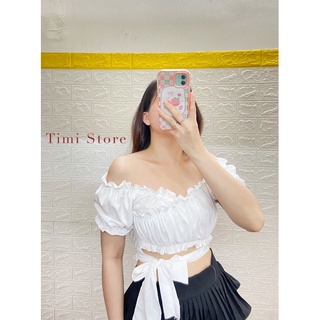 Áo croptop voan nhún bèo cột nơ eo phong cách hàn quốc