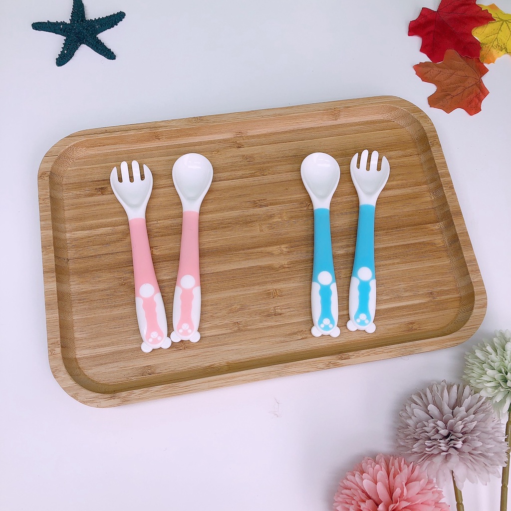 Bộ thìa dĩa nĩa silicon uốn cong/uốn dẻo kèm hộp cho bé tập xúc ( bé ăn dặm)