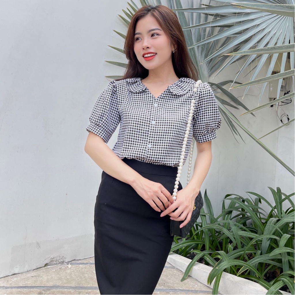 Áo sơ mi Nữ sọc tay ngắn cổ V hoạ tiết kẻ sọc hợp thời trang sơ mi nữ