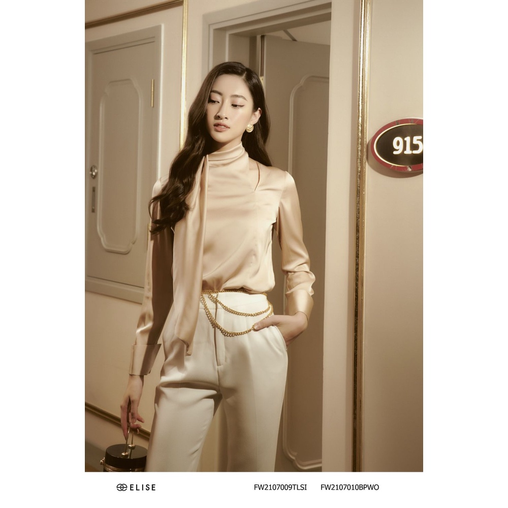 Áo sơ mi lụa thiết kế Elise màu be cổ khăn điệu đà FW2107009TLSIBE