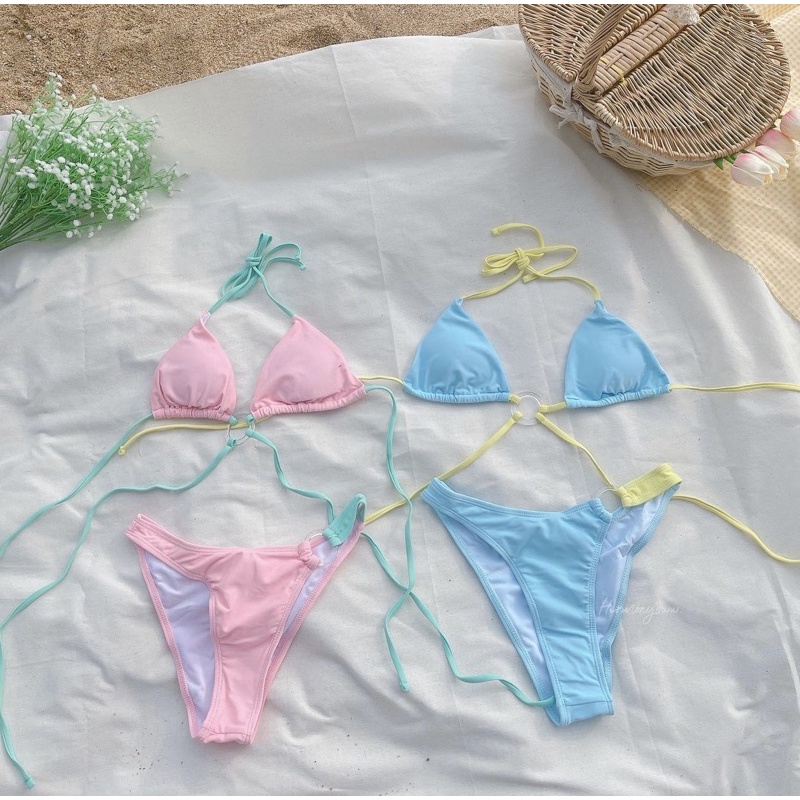 [BKN825] &lt;ÂU&gt; SET BIKINI KHUY TRÒN NGỰC HỒNG/XANH BLUE
