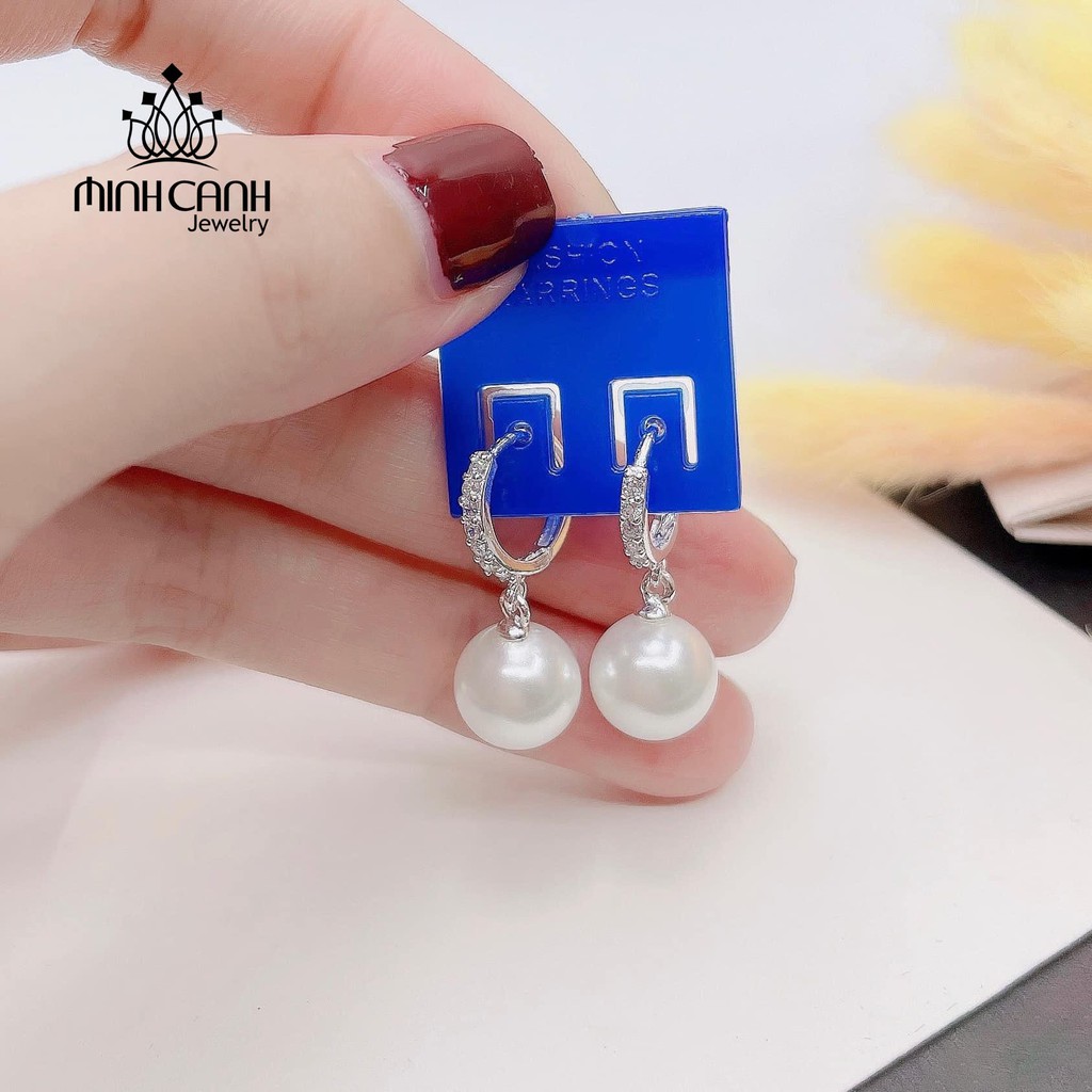 Bông Tai Bấm Đính Đá Treo Hột Trai - Minh Canh Jewelry