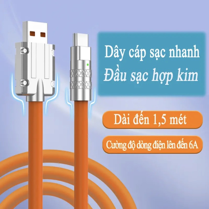 Dây Sạc Nhanh Turbo Charge 120W Jack Cắm Bàng Thép Vỏ Dây Bọc Silicon Siêu Bền Cứng Cáp Loại 1m, 1,5m