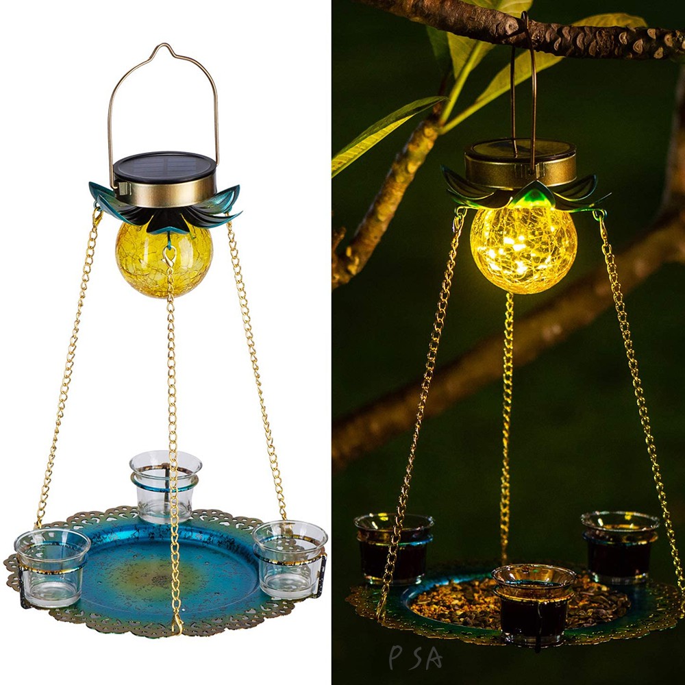 Solar Powered Birds Feeder Outdoor Hanging Waterproof Birds Food Tray Garden Metal Flower Decorative LED Lighting