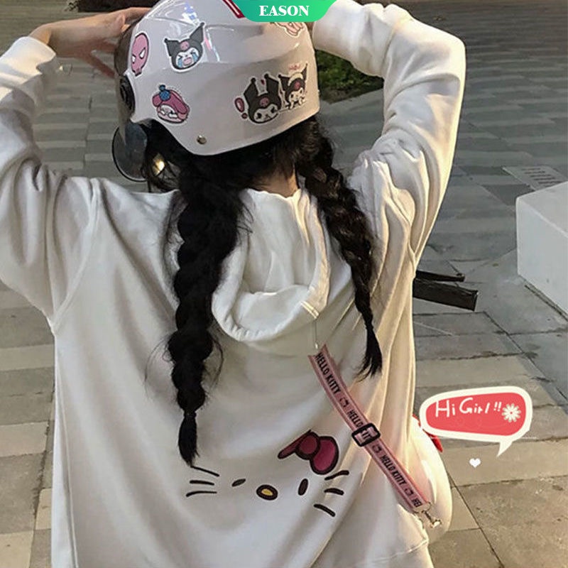 Áo hoodie mỏng màu trắng dáng rộng in hình Hello Kitty dễ thương có khóa kéo thời trang mùa thu cho nữ