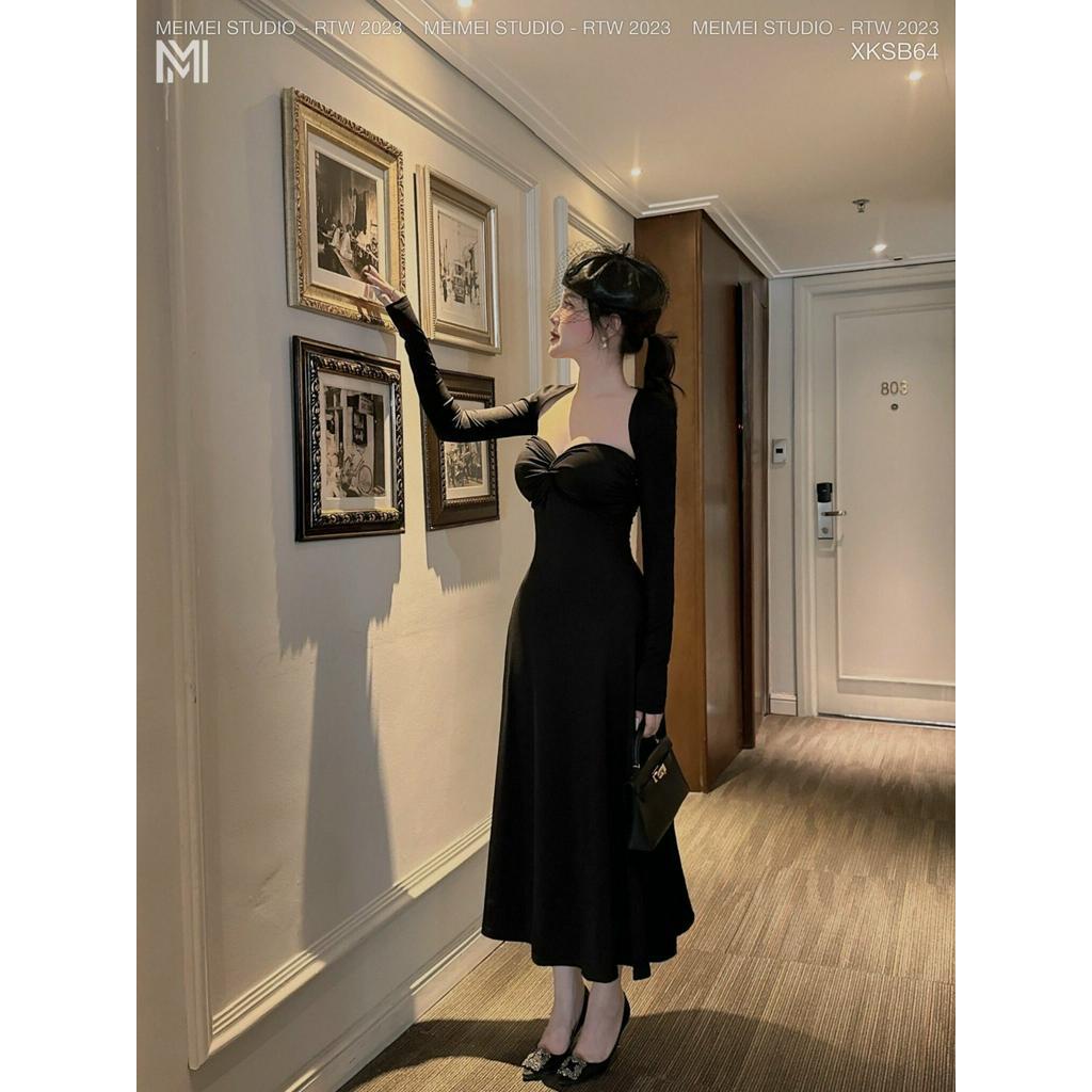 Set váy len quây xòe xoắn ngực áo khoác ngoài dài tay, dáng dài  vải len co giãn thoải mái mặc đi chơi, đi tiệc | XKSB64