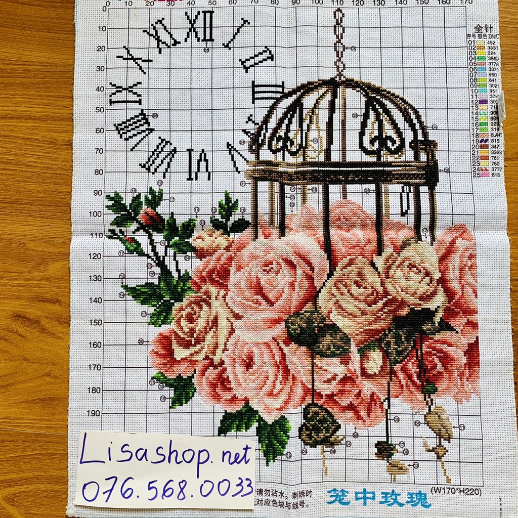 Tranh thêu chữ thập ĐỒNG HỒ HOA đã thành phẩm 58x44cm đã thêu rùi
