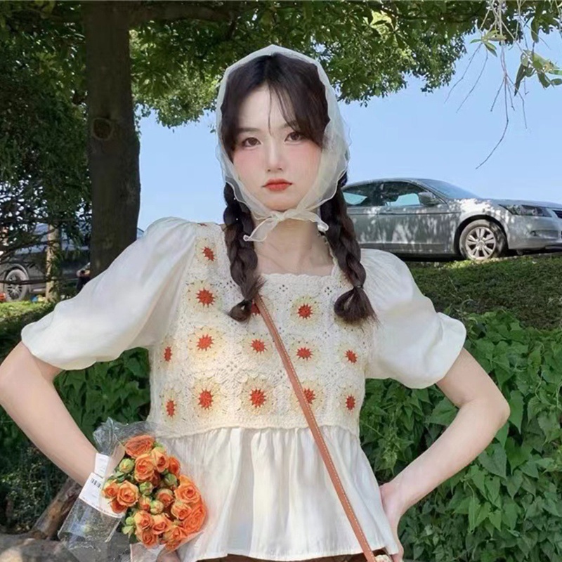 Brroa Áo Croptop Tay Phồng Ngắn In Họa Tiết Hoa Viền Bèo Thời Trang Cho Nữ