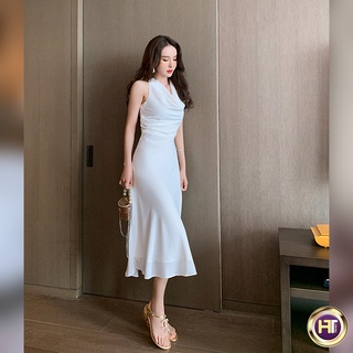 Váy nữ cổ đổ đầm lụa cổ yếm dự tiệc dáng dài cao cấp thiết kế gu girl