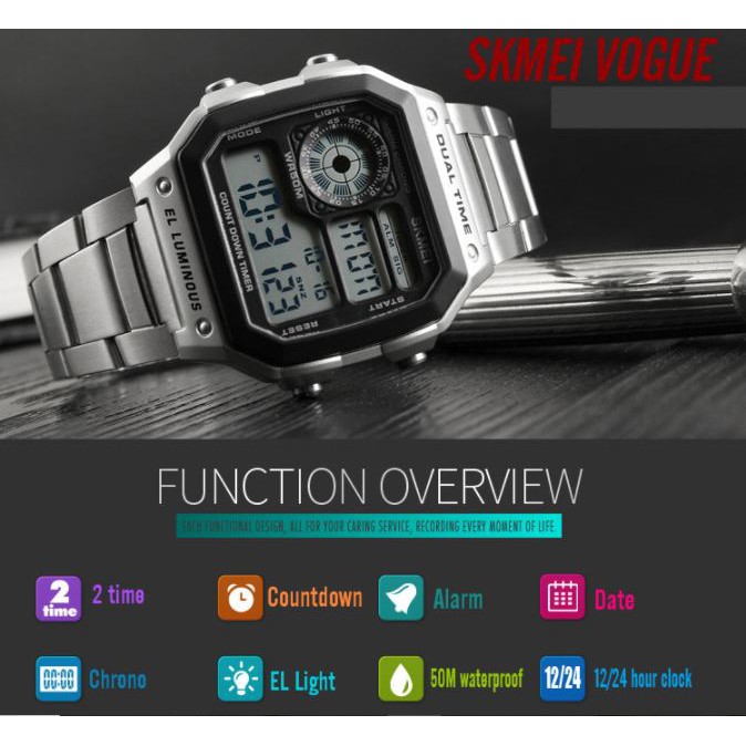 (CHÍNH HÃNG) Đồng hồ nam Skmei DO44 Dual time Digital Watch dây thép không gỉ + Tặng dây da thay thế