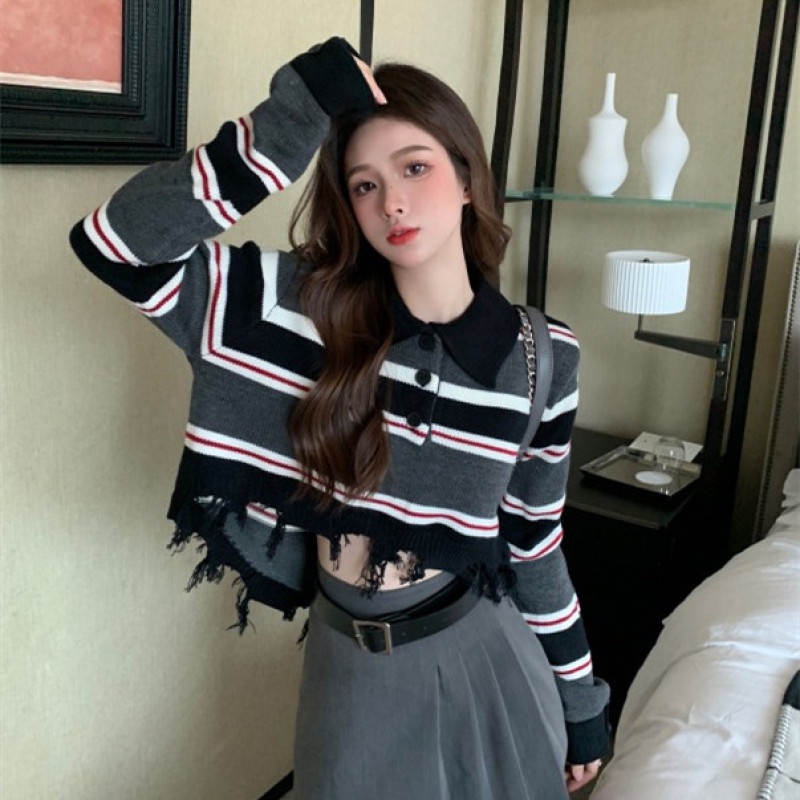 Áo Sweater Cổ polo Tay Dài Họa Tiết Kẻ Sọc Màu Sắc Tương Phản Thời Trang Mùa Thu Dễ Phối Đồ Cho