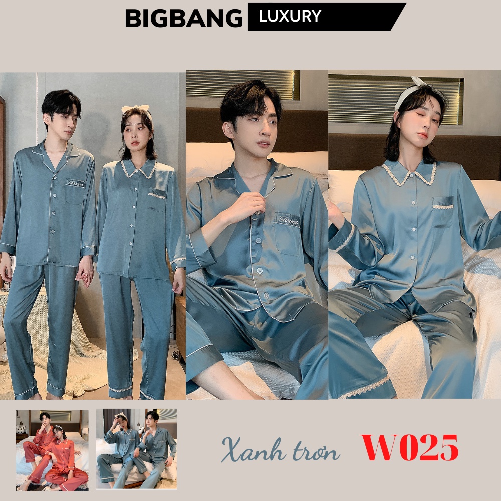 Đồ Ngủ Pijama Trơn Dài Tay Bigbang Luxury Mã 201 Đồ Mặc Nhà Nam Nữ Chất Vải Lụa Bóng