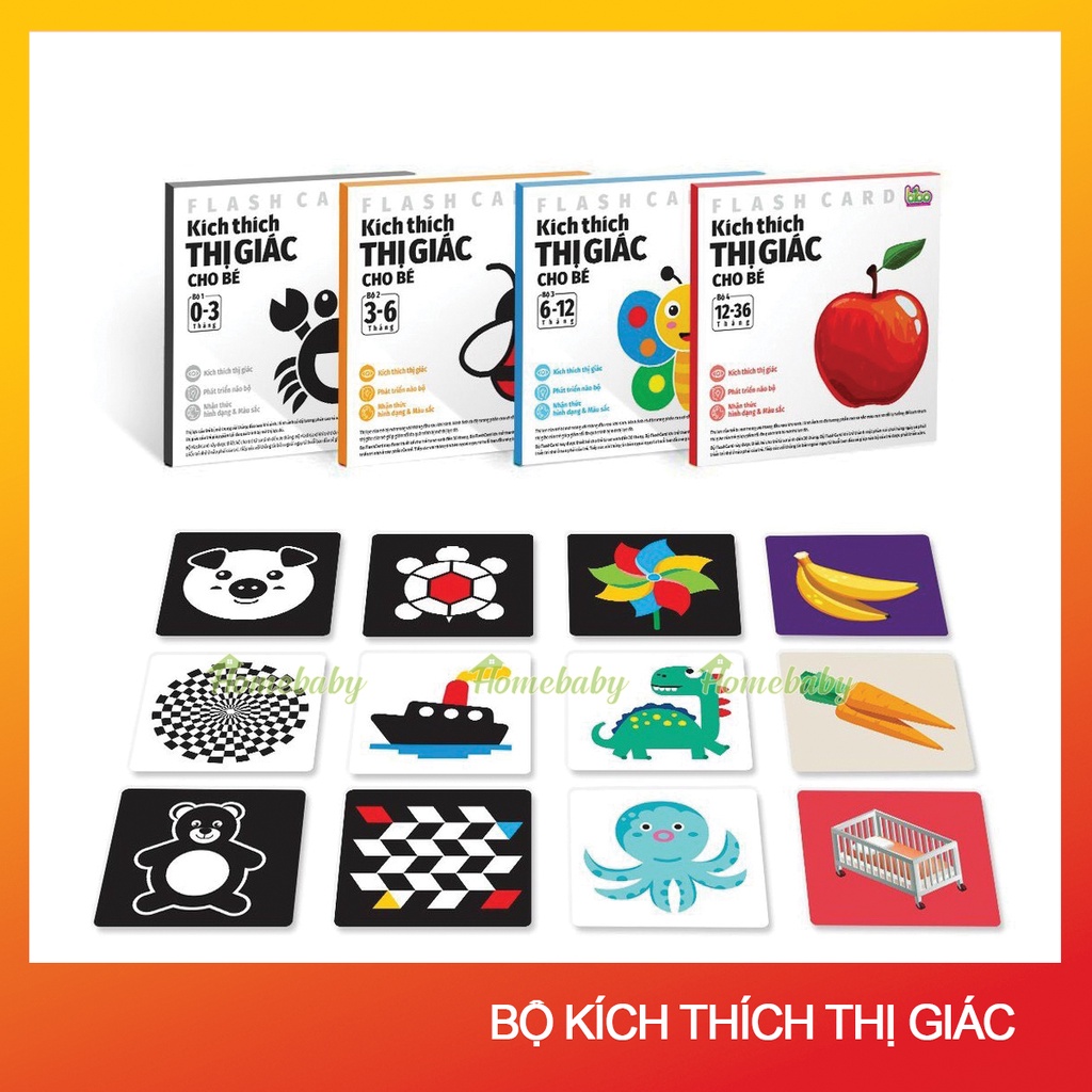 Thẻ kích thích thị giác sách đen trắng cho trẻ sơ sinh thẻ học flashcard, thẻ dán tường cho bé kích thước lớn 21x 21cm