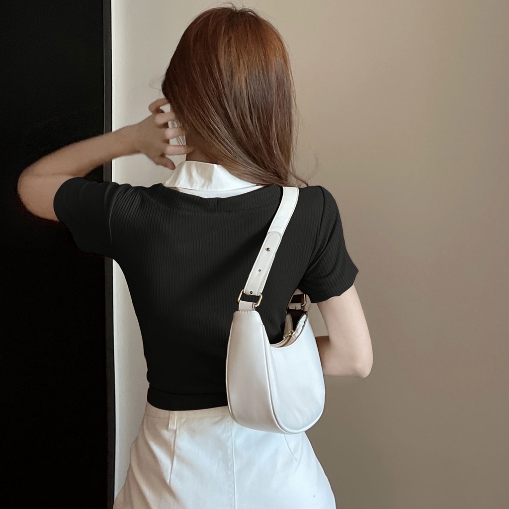 Áo dệt kim ZHELIHANGFEI tay ngắn cổ chữ V giả hai lớp thời trang cá tính cho nữ