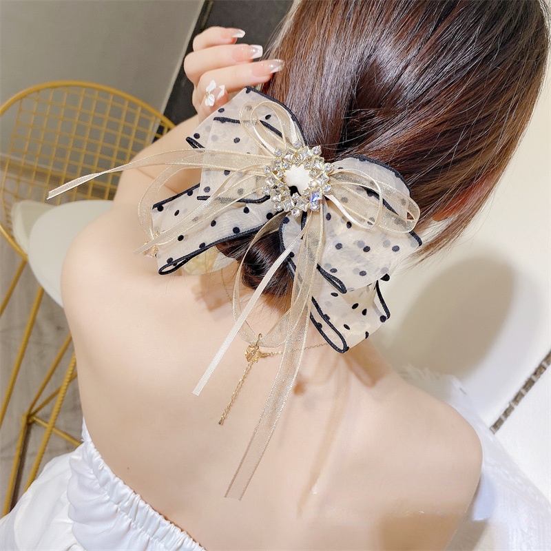 Dây Cột Tóc Đuôi Ngựa Hình Nơ Họa Tiết Chấm Bi Phối Tua Rua Dễ Thương