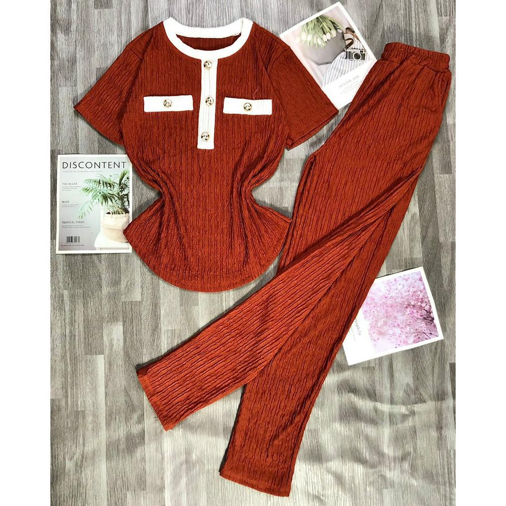 Sét đồ bộ nữ chất liệu xốp nhật cao cấp sét nữ áo tay ngắn phối quần dài Sét bộ đồ phối viền đính nút sang chảnh