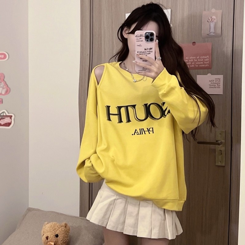 ZHELIHANGFEI Áo Thun Sweater Tay Dài Hở Vai In Họa Tiết Dễ Thương