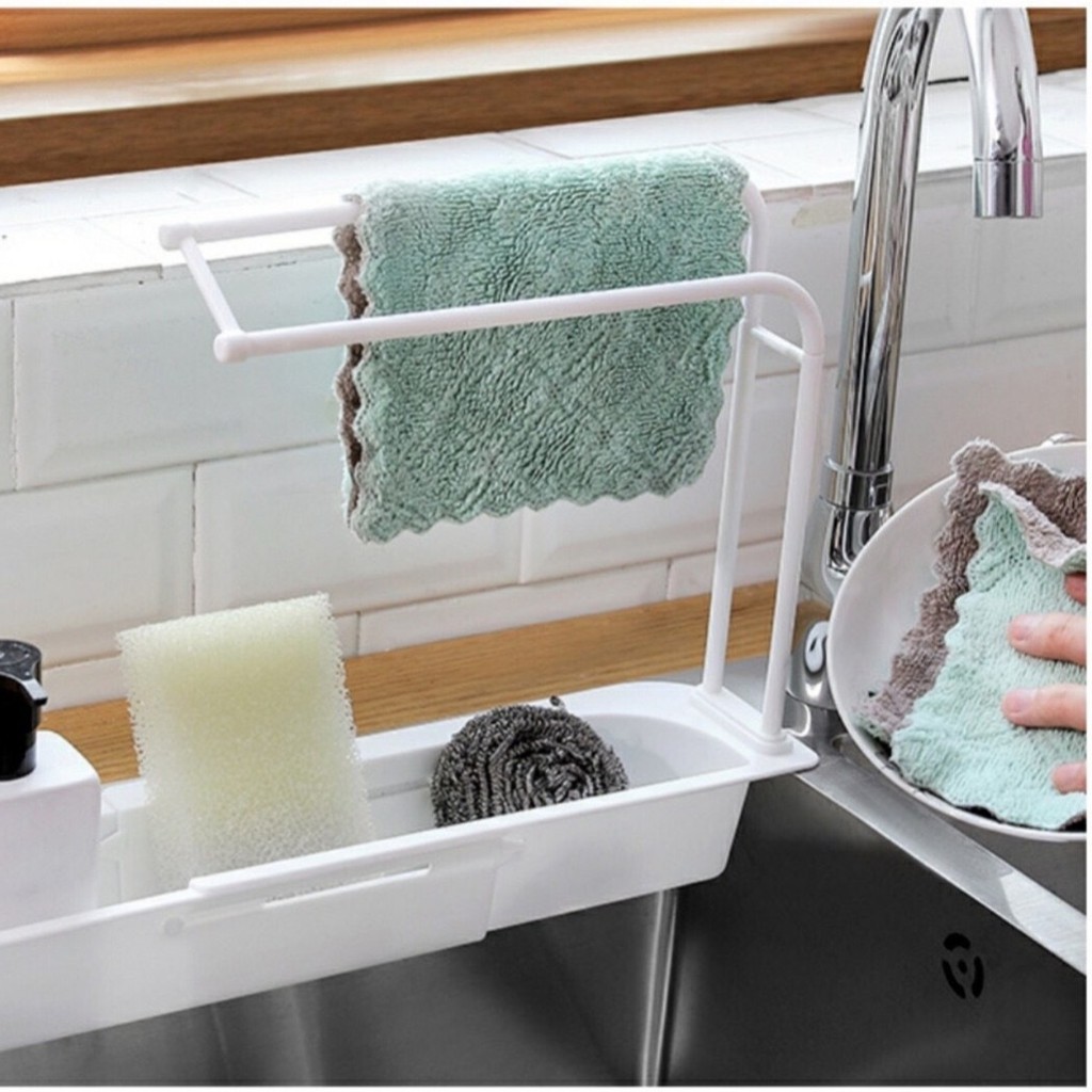 Kệ nhựa dài CO DÃN CÓ KHAY TREO KHĂN LSM 5612 để bồn đựng đồ rửa chén, có khay treo khăn lau tay nhà bếp mẫu mới