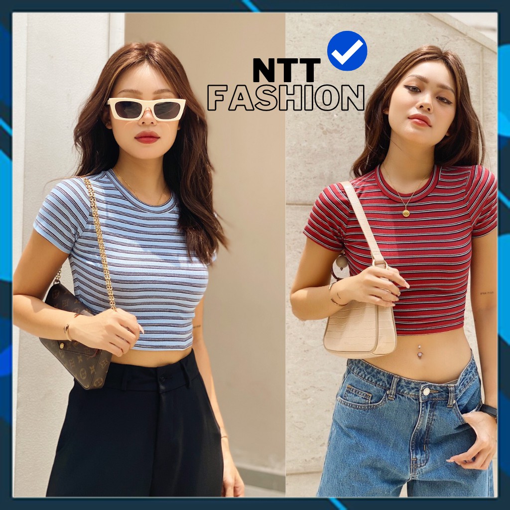 ck Áo croptop ôm tay ngắn 6 màu sọc ngang thun gân