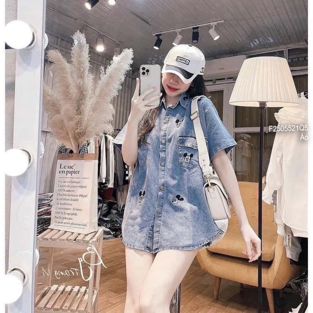 Áo sơ mi jean mickey túi tay ngắn hàng QC!
