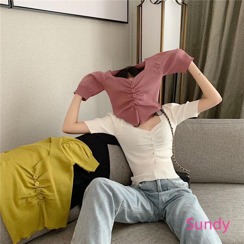 Áo Dệt Kim Ngắn Tay Cổ Chữ V Gợi Cảm Thời Trang Mùa Hè Cho Nữ