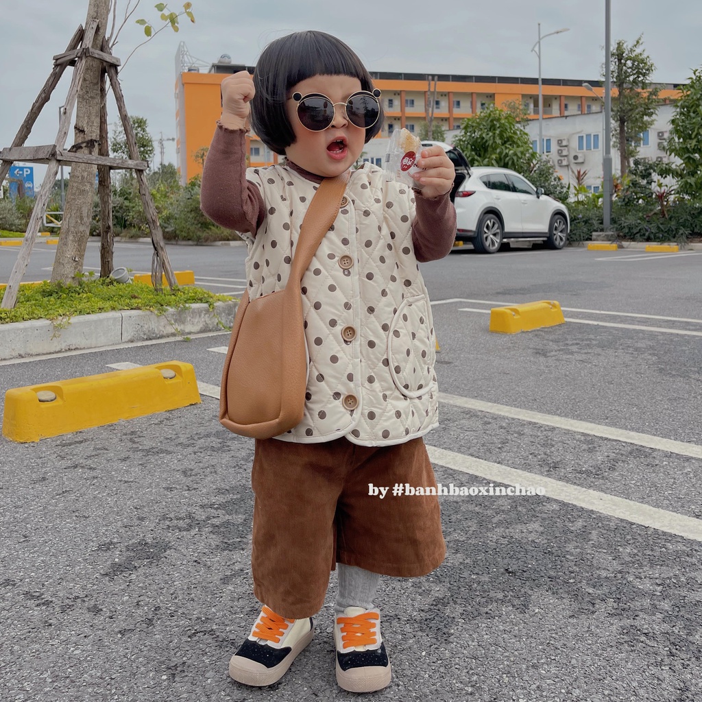 Áo phao gile trần bông trắng chấm bi có túi cho bé gái , áo khoác ba lỗ mùa đông thời trang hàn quốc