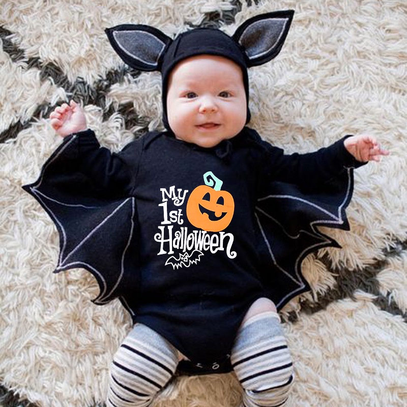 Bộ đồ hóa trang MANVIN BABY Halloween 2 món gồm áo liền quần họa tiết bộ xương + nón cho bé sơ sinh