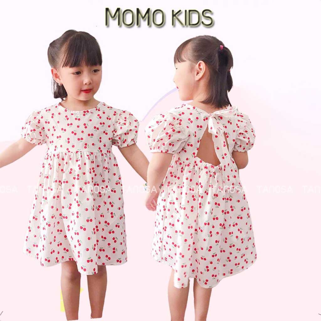 Váy cho bé gái đầm hình cherry có dây buộc nơ cho bé gái, thời trang trẻ em MOMO từ 10-20kg