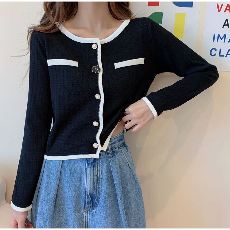 Áo Len Dệt Kim Đính Nút Hoa - New Thoi Trang