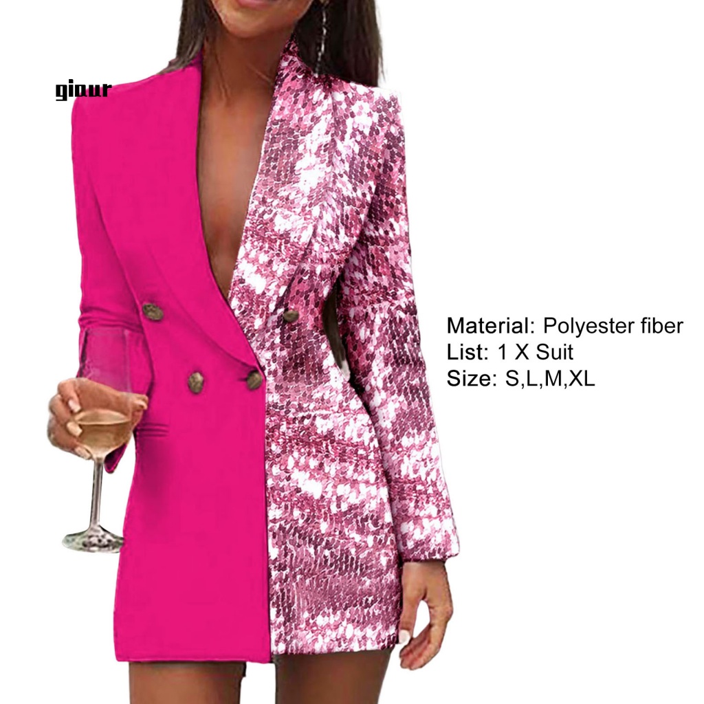Giaurz Áo Khoác Blazer Đính Kim Sa Lấp Lánh Hai Hàng Nút Màu Sắc Tương Phản Ấm Áp