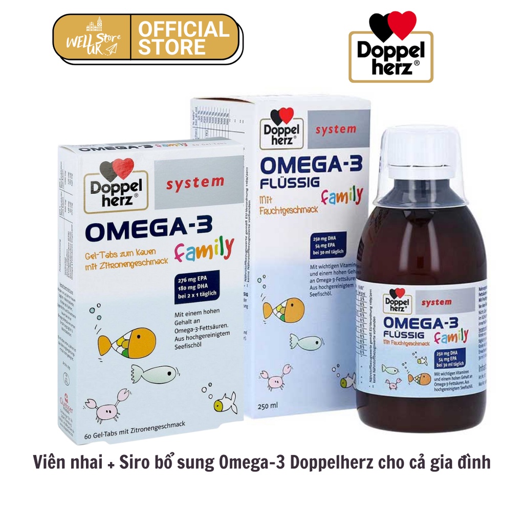 Bộ sản phẩm viên nhai + siro Omega3 Family Doppelherz hàng đức bổ sung Omega3 cho cả gia đình