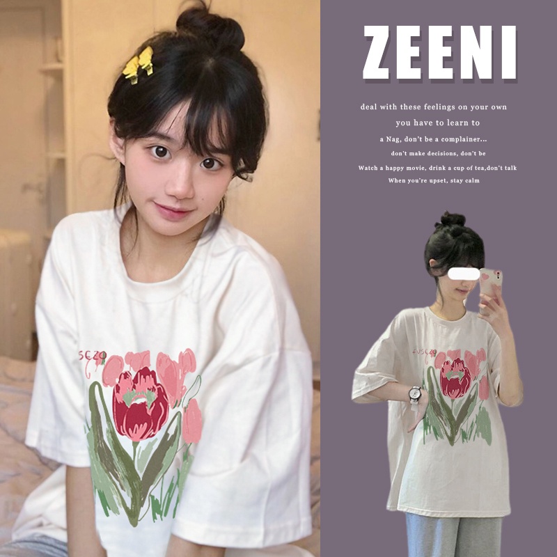 Áo thun SELVZE ngắn tay dáng rộng in họa tiết hoa phong cách cổ điển Mỹ chất lượng cao cho nữ