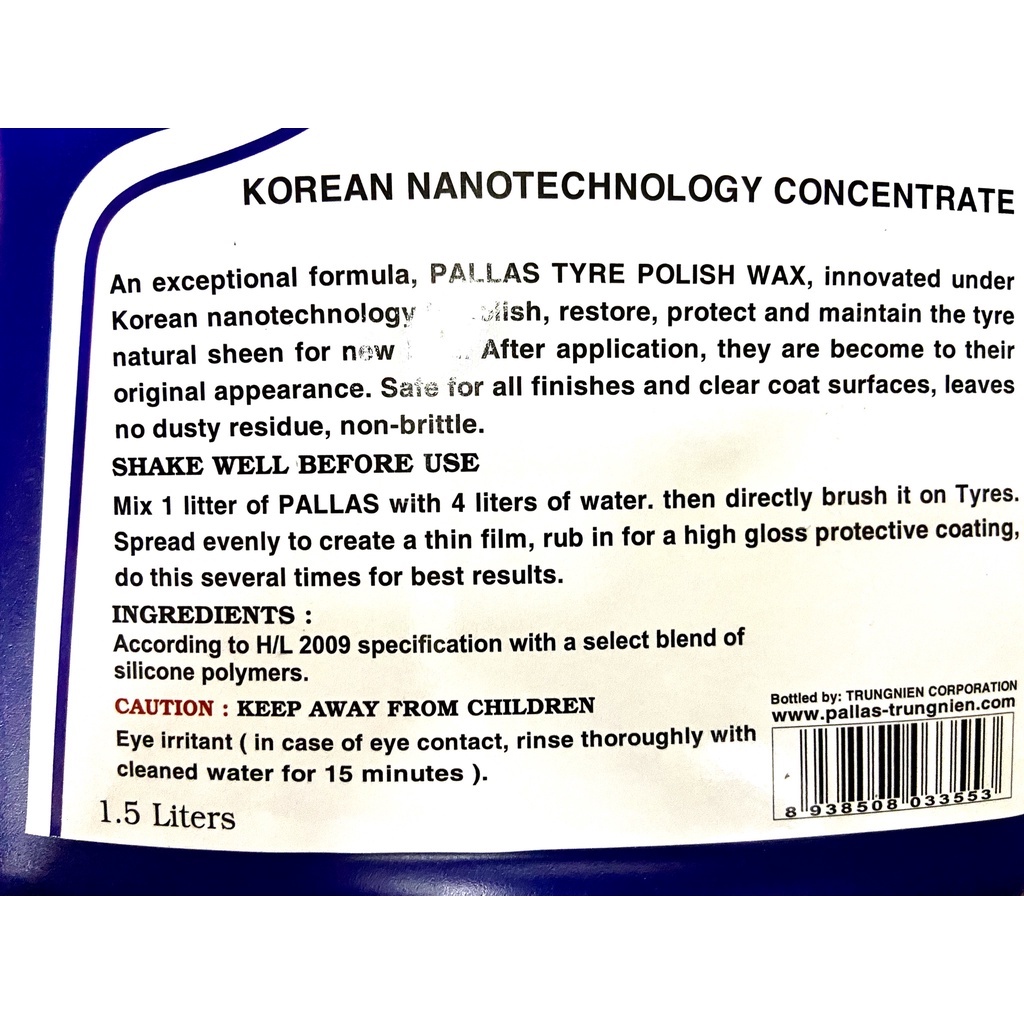 Dung dịch Polish Wax Pallas đánh bóng vỏ xe, lốp xe can 1.5 lít - CS0000063