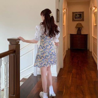(Kèm ảnh thật) Set váy yếm hoa nhí và áo sơ mi