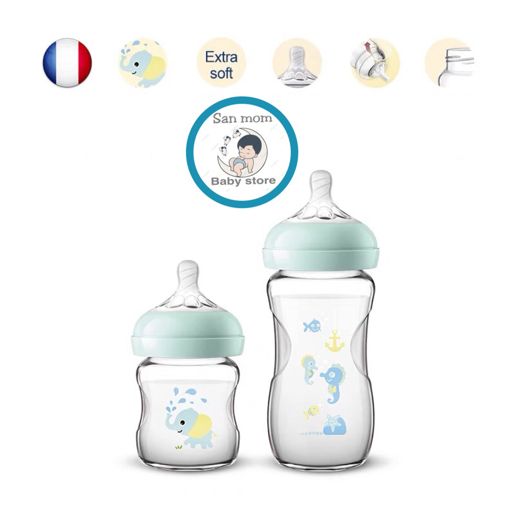 Bình Avent Thủy Tinh 240ml Và 120ml, Họa Tiết Vẽ Tay, Cho Đổi Size Núm, Nhập Khẩu Pháp Cho Bé Sơ Sinh Đến 15 Tháng Tuổi