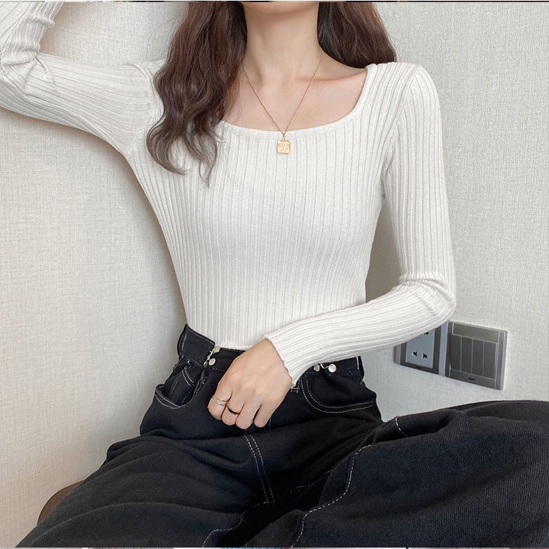 COZOK Áo Sweater Dệt Kim Tay Dài Cổ Vuông Màu Sắc Thanh Lịch