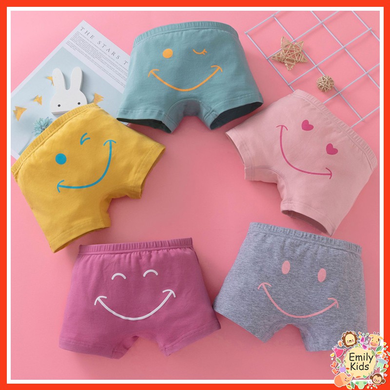 Bộ 5 Quần Lót Boxer Bằng Cotton Tinh Khiết In Họa Tiết Mặt Cười Thoải Mái Cho Bé Gái 3-12 Tuổi