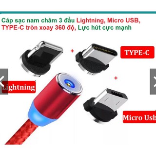 Cáp sạc nam châm 3 đầu 3 in 1 micro, type C, ip xoay 360 độ đầu tròn hít nam châm - bọc dù siêu bền chống đứt