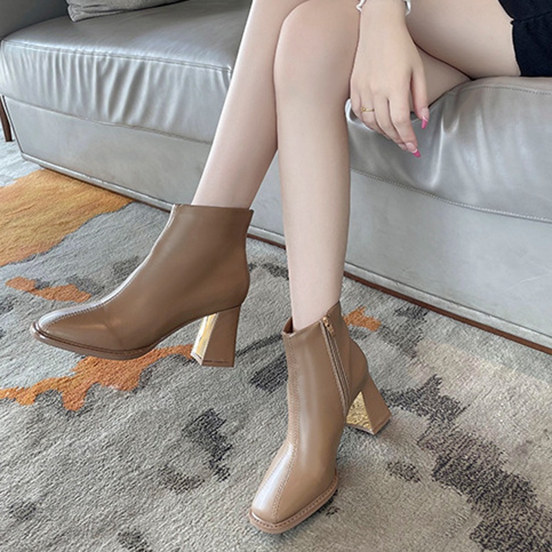 Giày bốt martin IELGY cao gót mũi vuông phối khóa kéo bên hông thời trang dành cho bạn gái