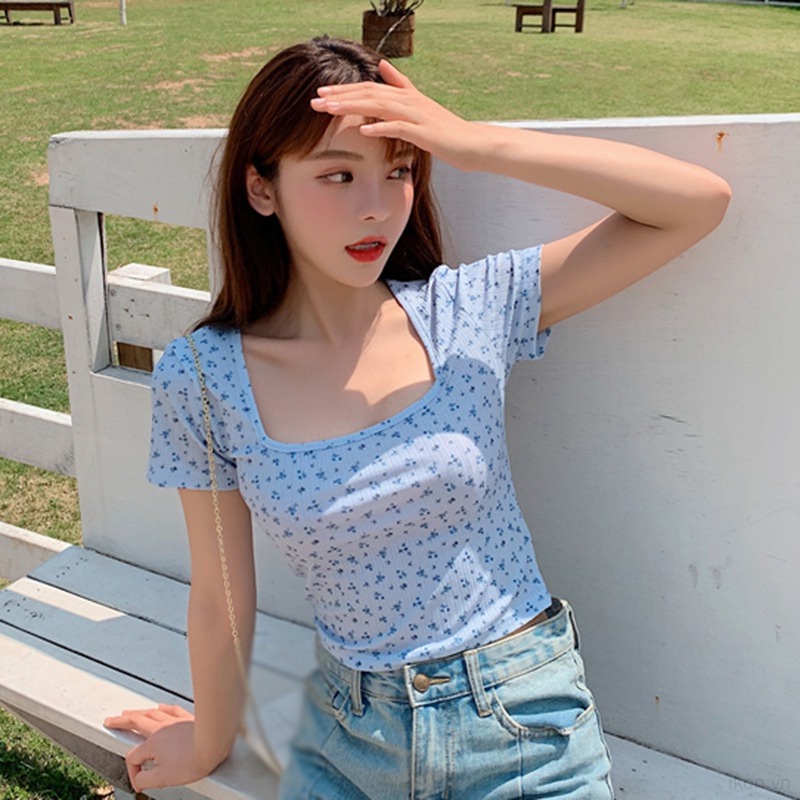 Áo Thun Croptop Ngắn Tay Cổ Vuông Form Ôm Thời Trang Cho Nữ