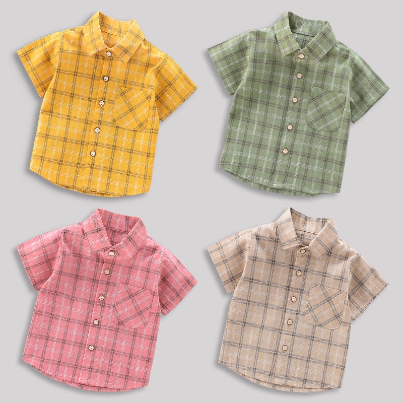 Áo Sơ Mi Tay Ngắn Họa Tiết Sọc Caro Thiết Kế Mới Thời Trang Mùa Hè Theo Phong Cách Hàn Quốc Dành Cho Bé Trai