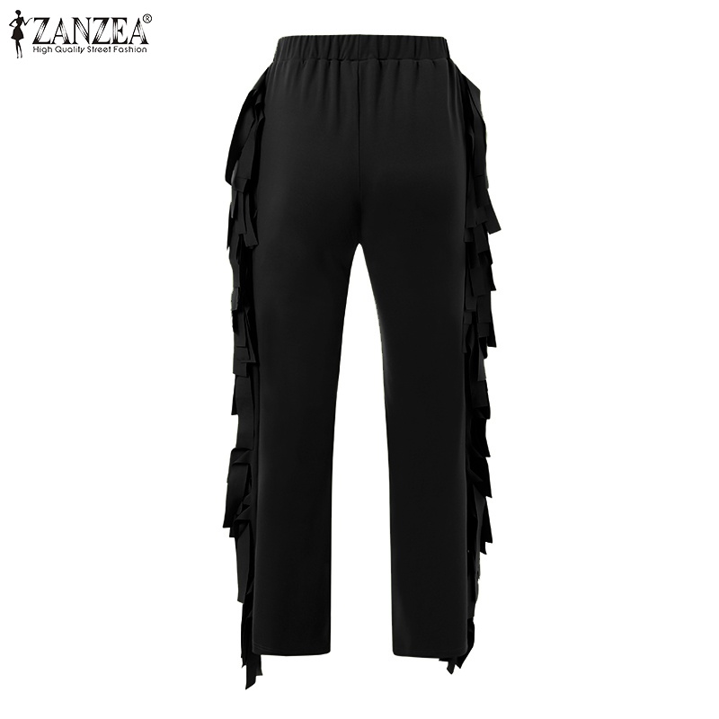 Quần dài lưng thun Zanzea màu trơn phối tua rua thời trang cho nữ