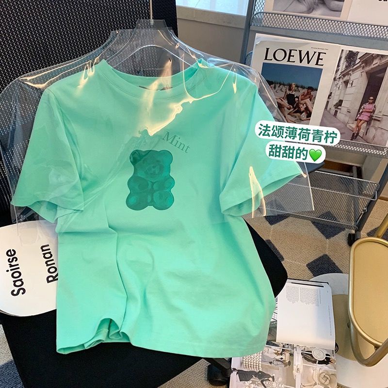 Áo Thun Nữ Ngắn Tay Cổ Tròn In Hình Gấu Hoạt Hình Thời Trang